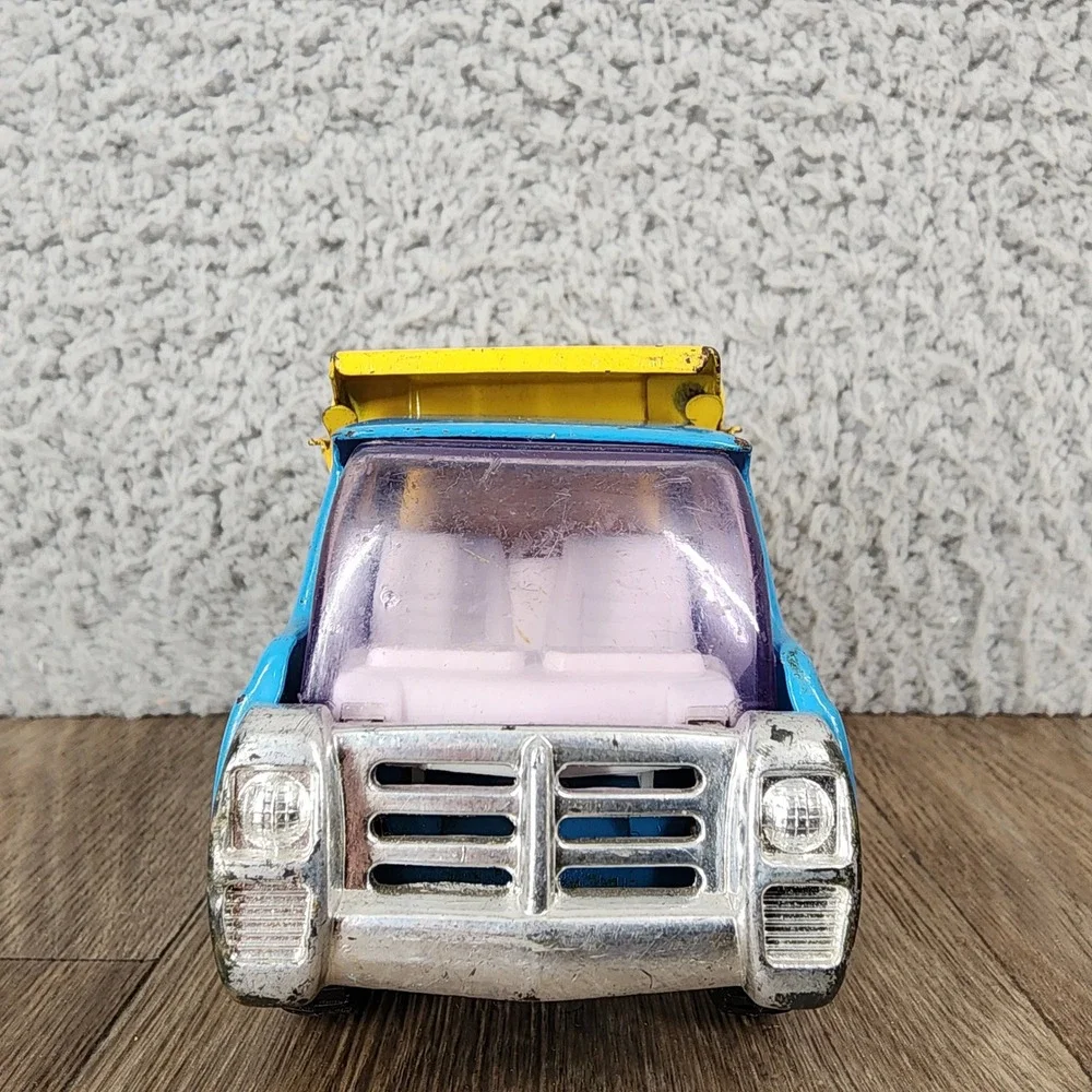 Vintage Buddy L Japan Pressed Steel Dump Truck Blue‎ and Yellow 5.5 Inch Toy
